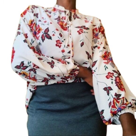 H&M White and Orange Long Sleeve Tie Front Blouse - Picture 2 of 6